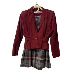 Vintage Dominique Burgundy Plaid Wool Blend blazer and‎ tanjay skirt Set Women